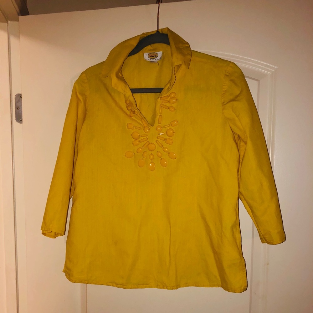 Talbots Women's Yellow V Neck Linen Beaded Pull Over Tunic